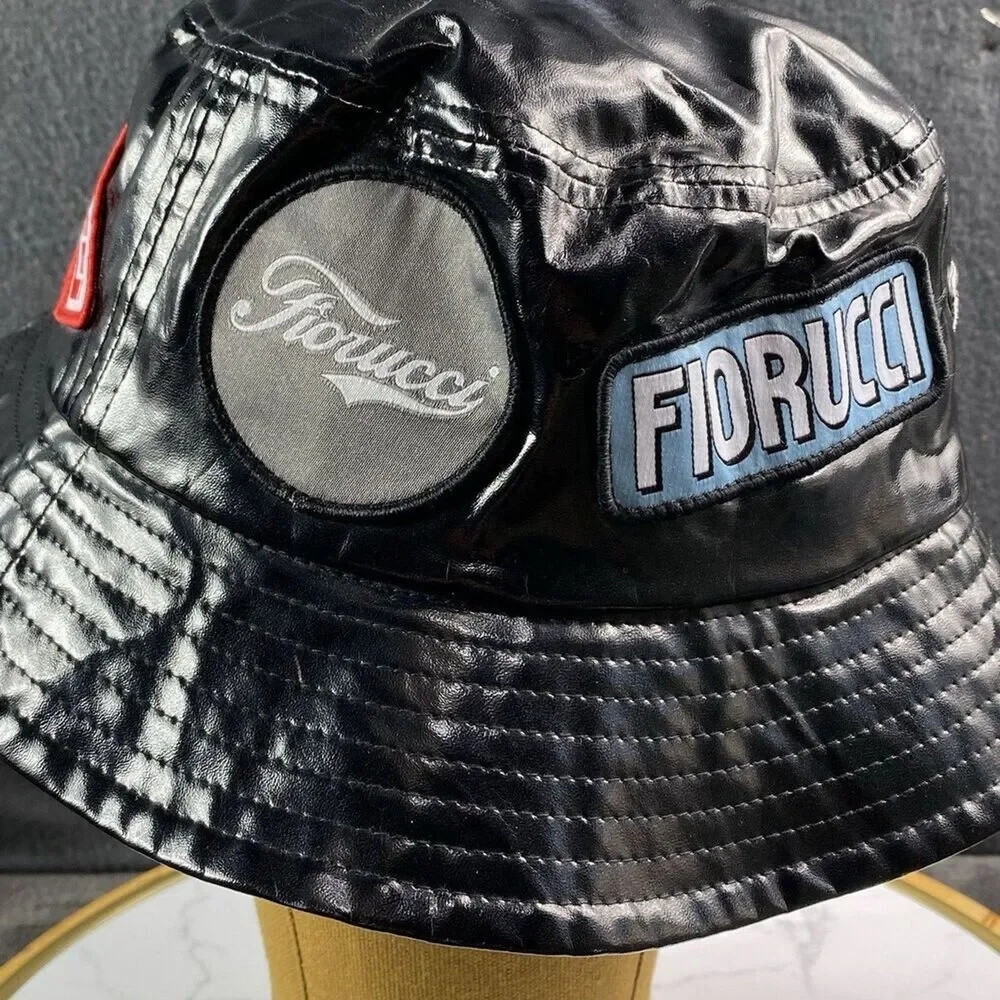 Fiorucci Black Vinyl Bucket Hat Multi Patch Angels Safety Jeans 90s Style Y2K